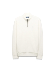 Mens Marc Textured 1/4 Zip in cream, a classic fit pullover with a subtle textured knit, silver quarter-zip, and a tonal embroidered Psycho Bunny skull logo on the left chest.