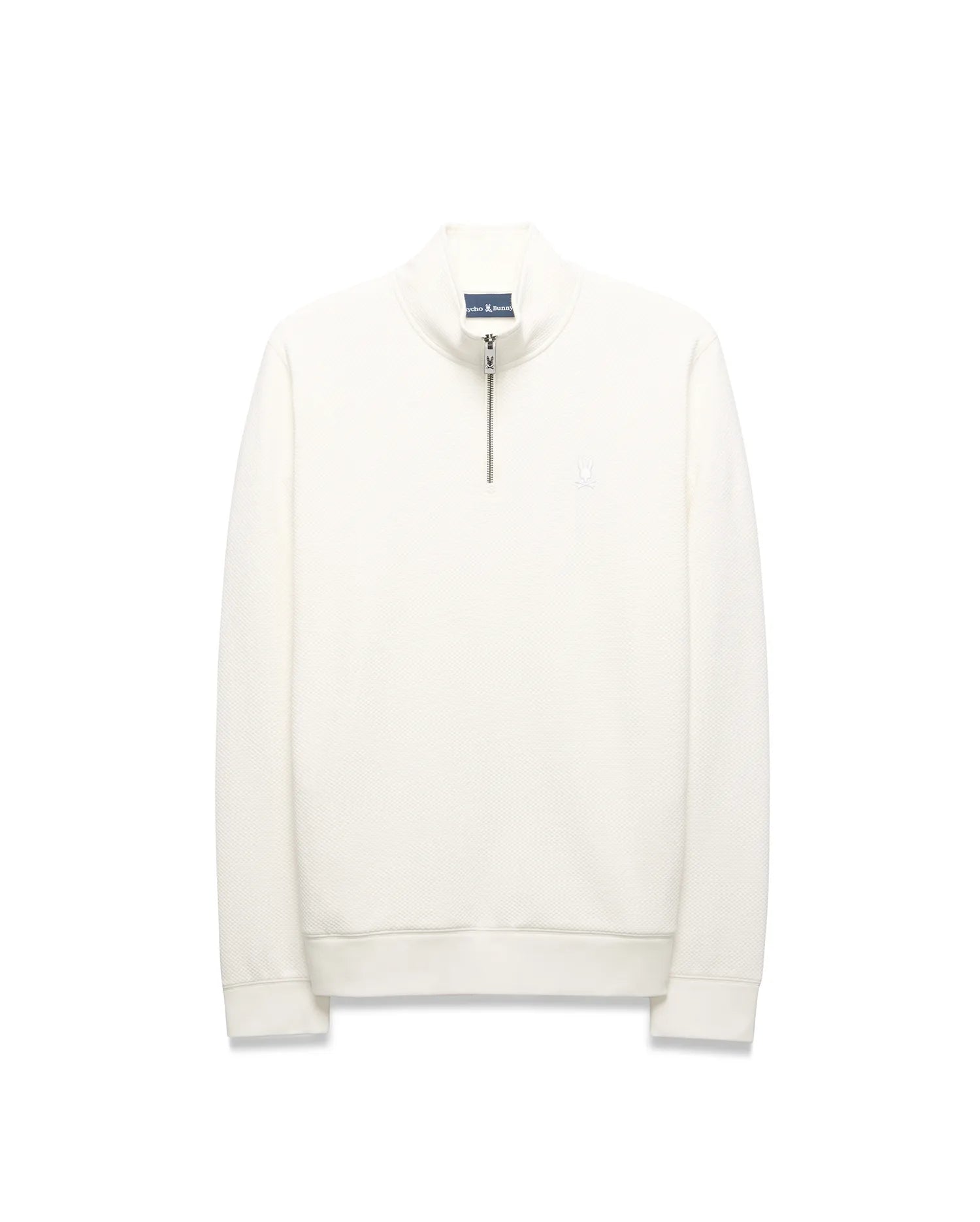 Mens Marc Textured 1/4 Zip in cream, a classic fit pullover with a subtle textured knit, silver quarter-zip, and a tonal embroidered Psycho Bunny skull logo on the left chest.