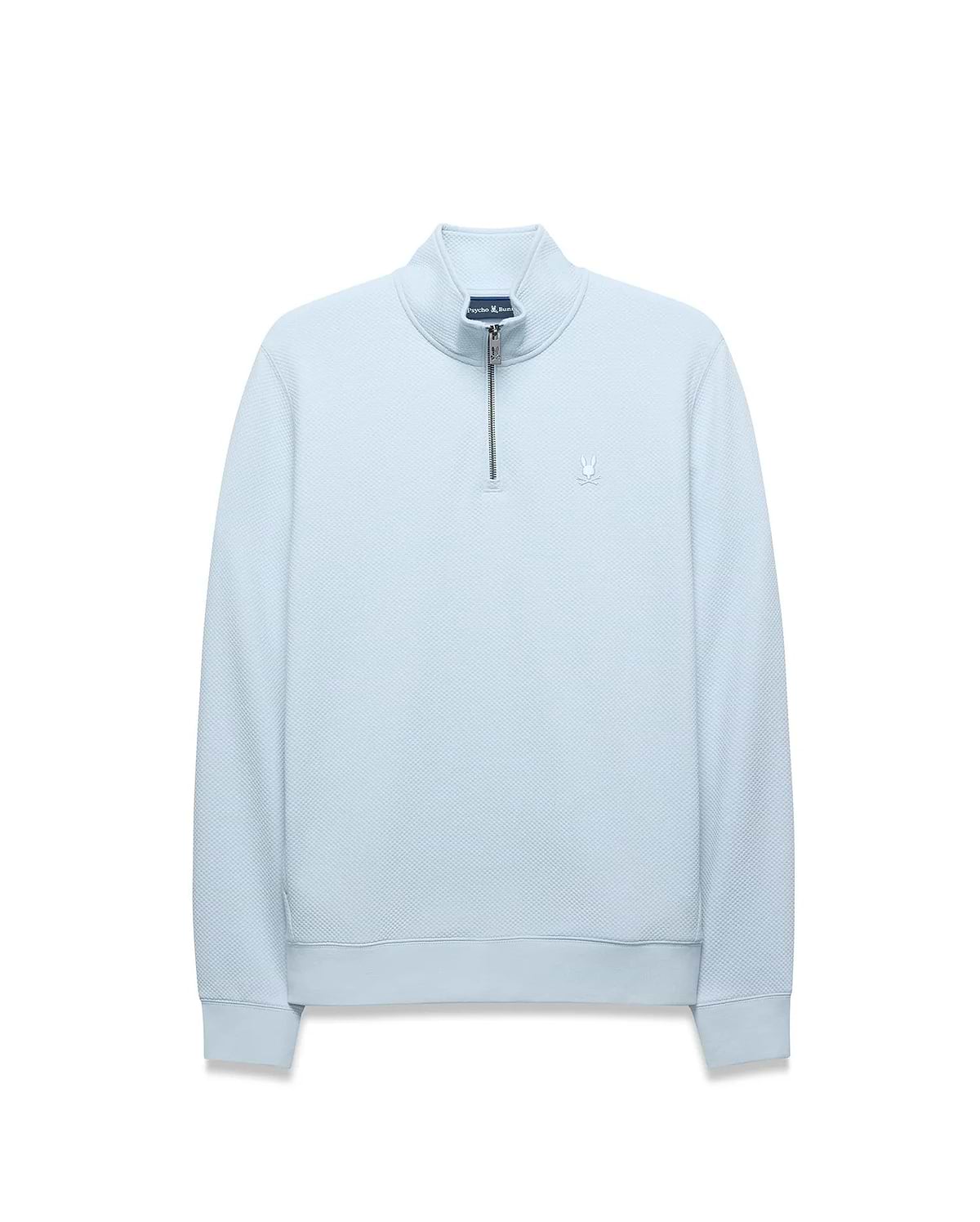 Mens Marc Textured 1/4 Zip in light blue, featuring a classic fit, subtle pique-like texture, silver quarter-zip, and a small embroidered Psycho Bunny skull logo on the left chest.