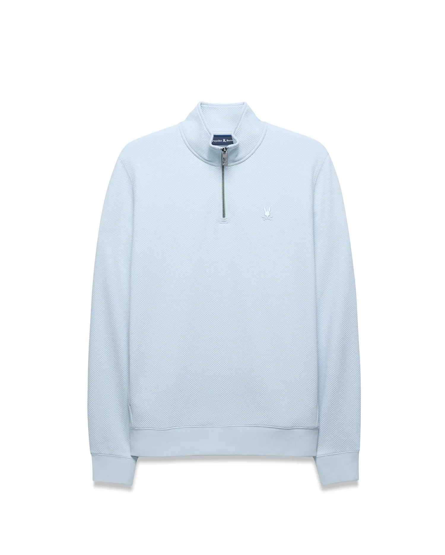 Mens Marc Textured 1/4 Zip in light blue, featuring a classic fit, subtle pique-like texture, silver quarter-zip, and a small embroidered Psycho Bunny skull logo on the left chest.