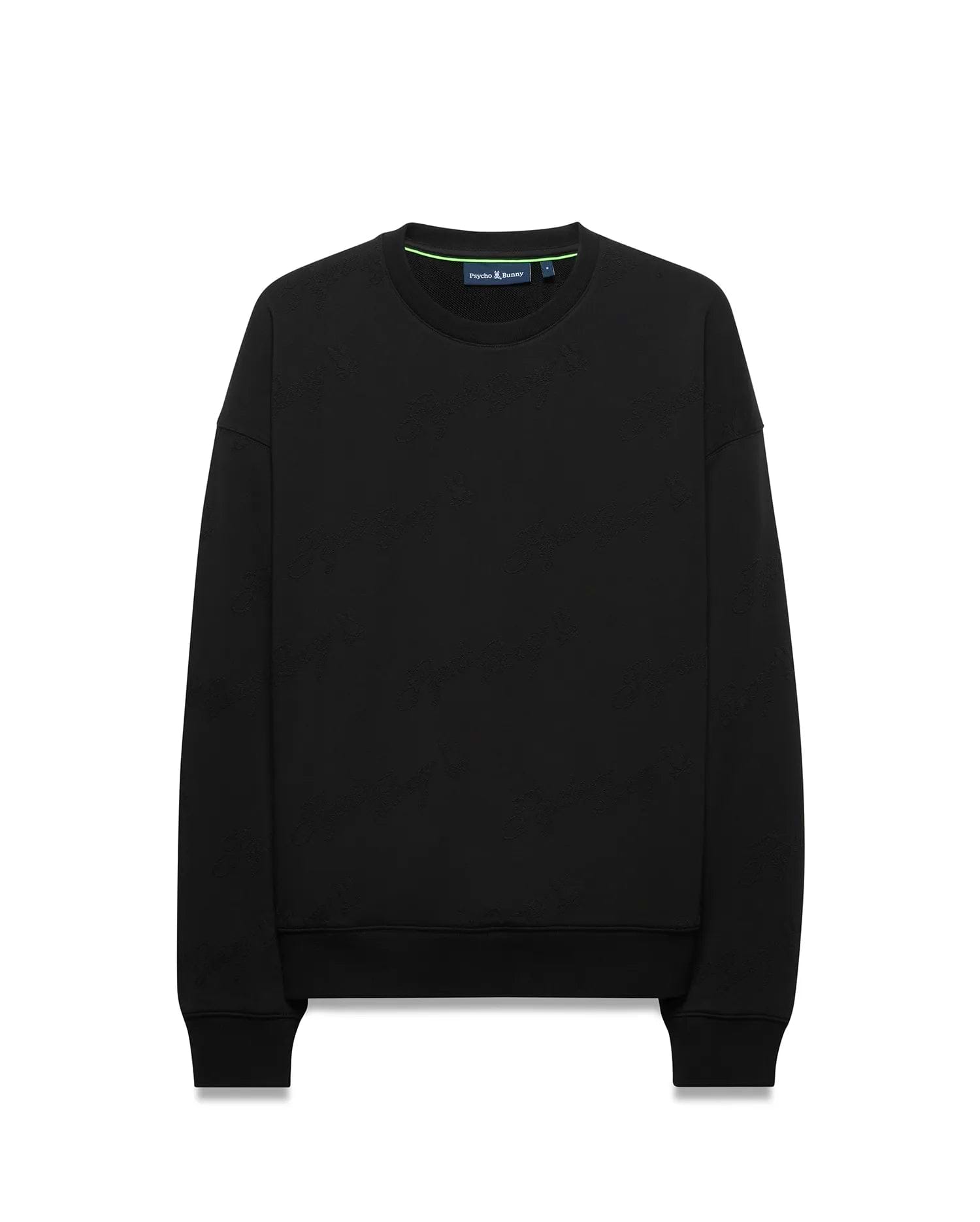 Mens Cedrick All Over Jacquard Crew, a black relaxed-fit sweatshirt featuring a subtle all-over jacquard Psycho Bunny skull logo pattern, ribbed cuffs and hem, and a green accent stripe on the inner neckline. (5)