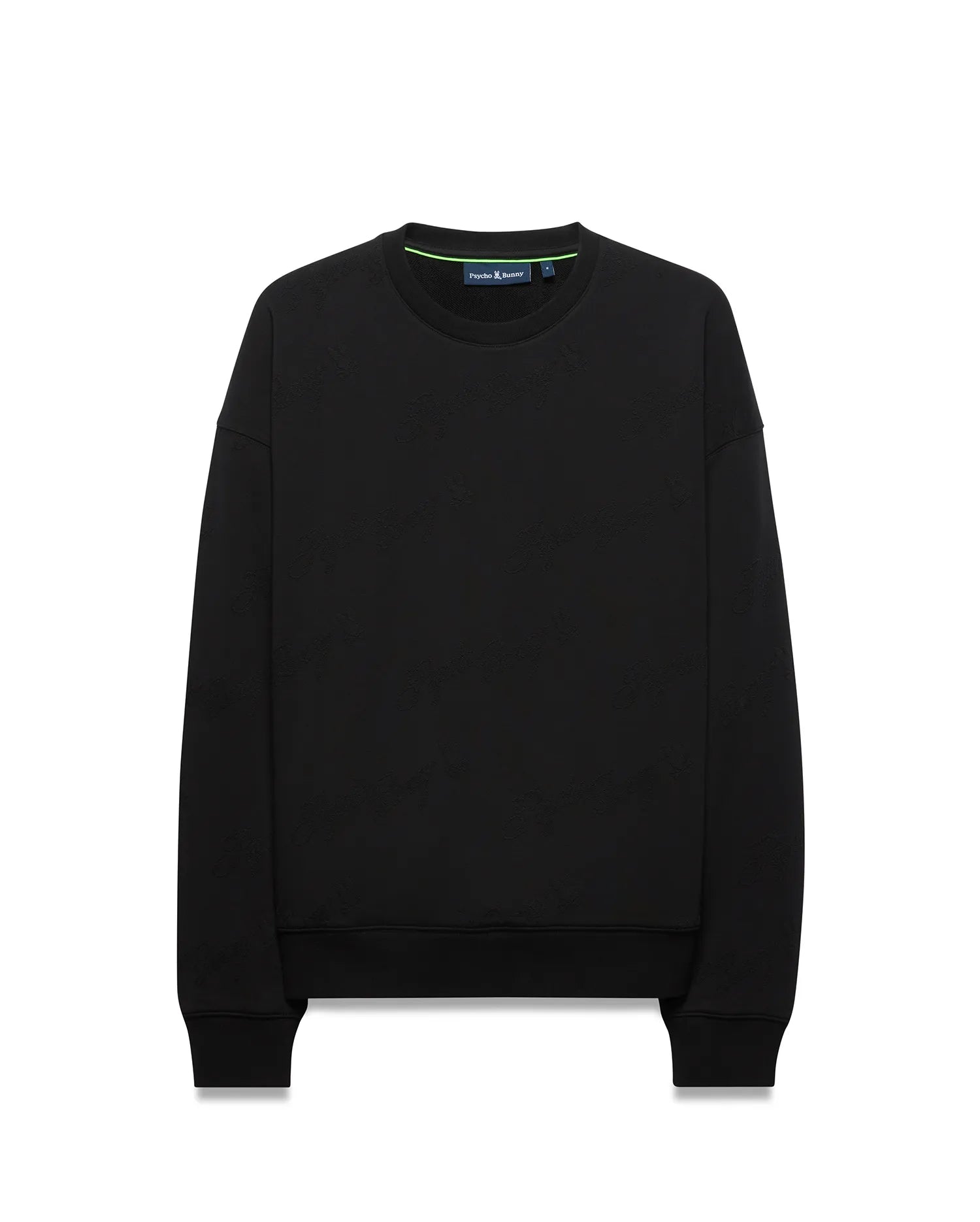 Mens Cedrick All Over Jacquard Crew, a black relaxed-fit sweatshirt featuring a subtle all-over jacquard Psycho Bunny skull logo pattern, ribbed cuffs and hem, and a green accent stripe on the inner neckline. (5)