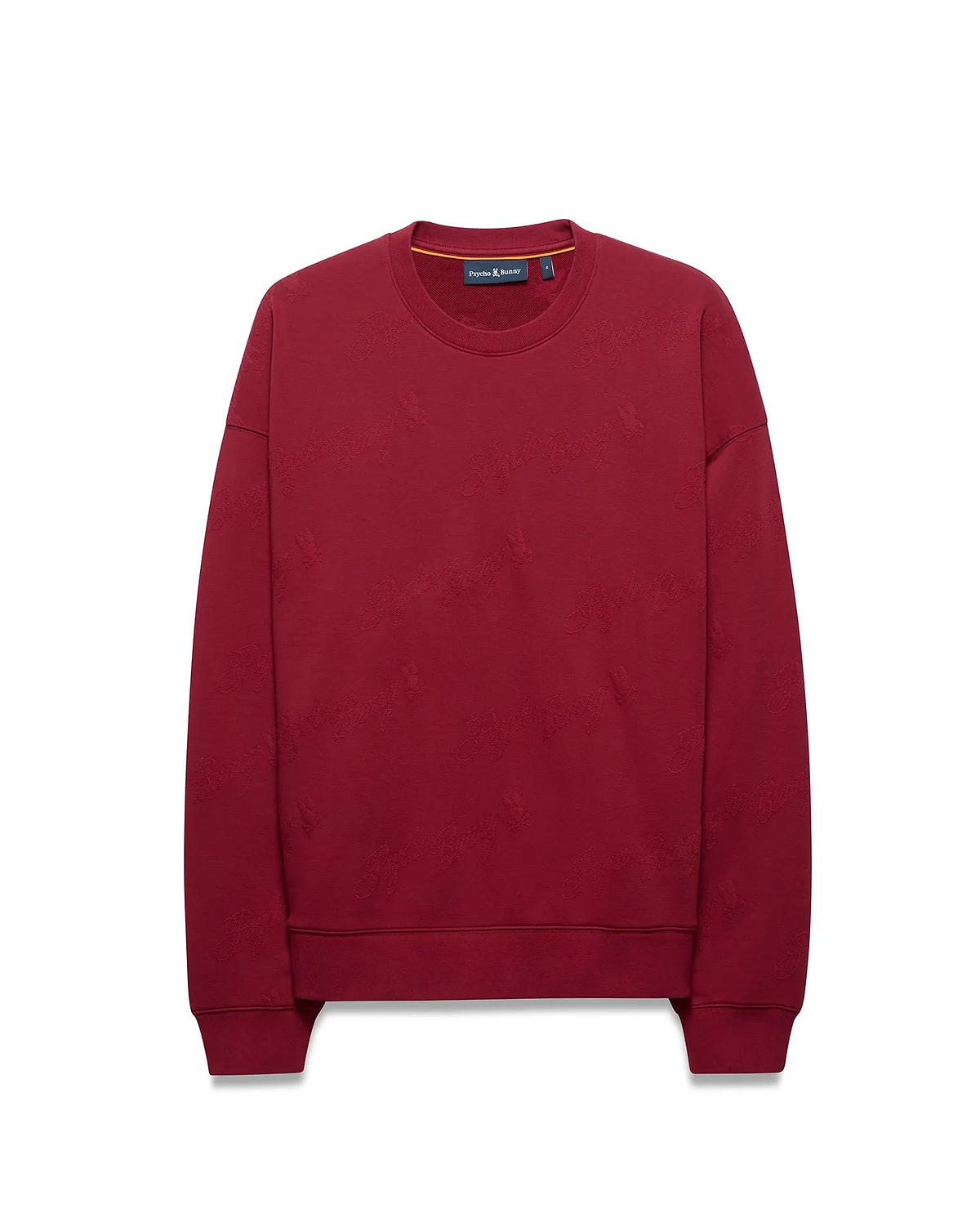 Mens Cedrick All Over Jacquard Crew, a relaxed fit deep red crewneck sweatshirt featuring a subtle all-over jacquard Psycho Bunny skull logo pattern, a small embroidered chest logo, and an orange inner collar stripe.