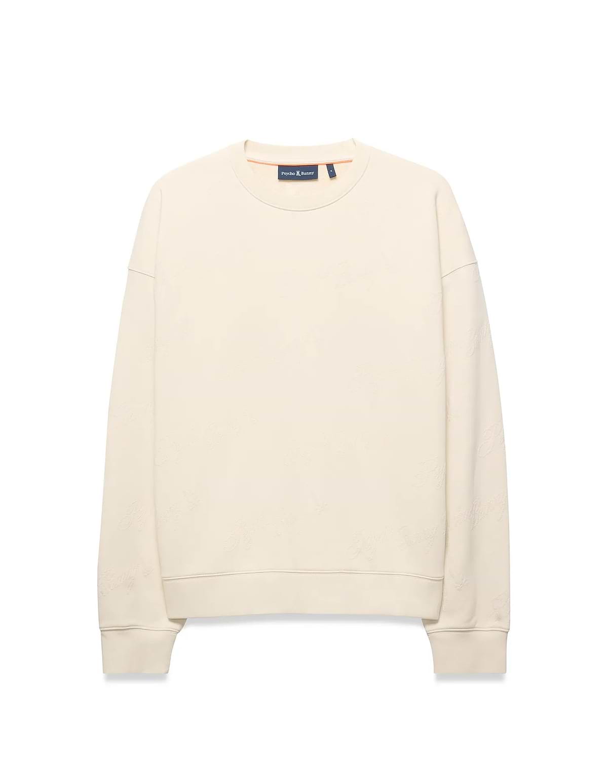 Mens Cedrick All Over Jacquard Crew. Cream relaxed fit crewneck sweatshirt featuring a subtle all-over tonal Psycho Bunny logo jacquard pattern and small embroidered bunny skull logo on left chest.