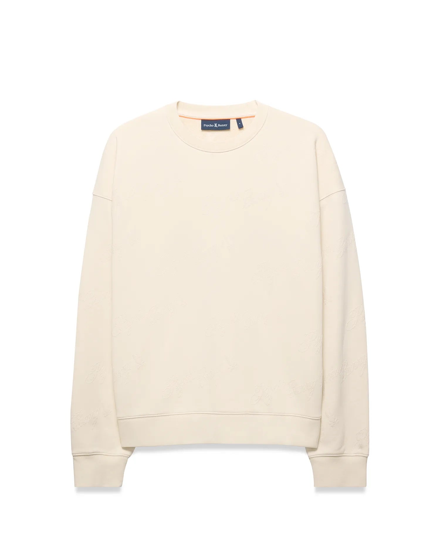 Mens Cedrick All Over Jacquard Crew. Cream relaxed fit crewneck sweatshirt featuring a subtle all-over tonal Psycho Bunny logo jacquard pattern and small embroidered bunny skull logo on left chest.