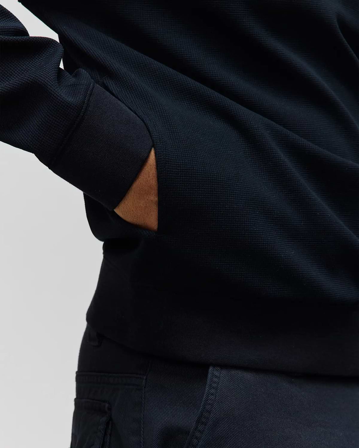 Premium navy Mens Maxton Waffle 1/4 Zip, a classic fit garment crafted from textured waffle knit fabric, featuring ribbed cuffs and practical side pockets. (3)