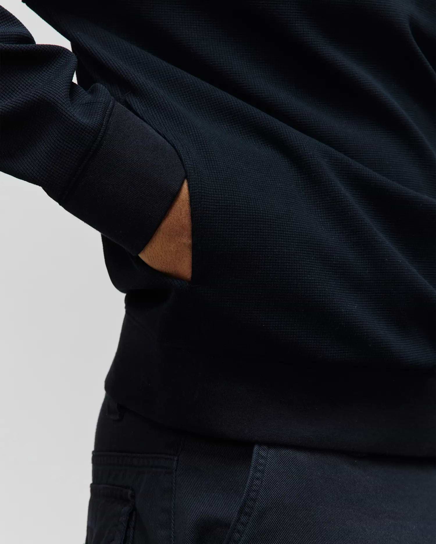 Premium navy Mens Maxton Waffle 1/4 Zip, a classic fit garment crafted from textured waffle knit fabric, featuring ribbed cuffs and practical side pockets. (3)