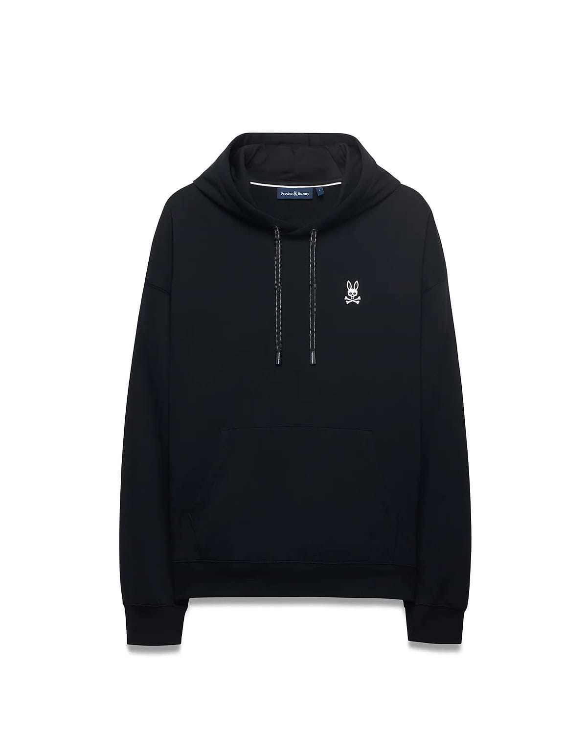 Black Mens Terrence Fleece Hoodie, relaxed fit, with a small white embroidered Psycho Bunny skull logo on the left chest, speckled drawstrings, and a kangaroo pocket.