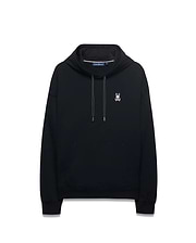 Black Mens Terrence Fleece Hoodie, relaxed fit, with a small white embroidered Psycho Bunny skull logo on the left chest, speckled drawstrings, and a kangaroo pocket.