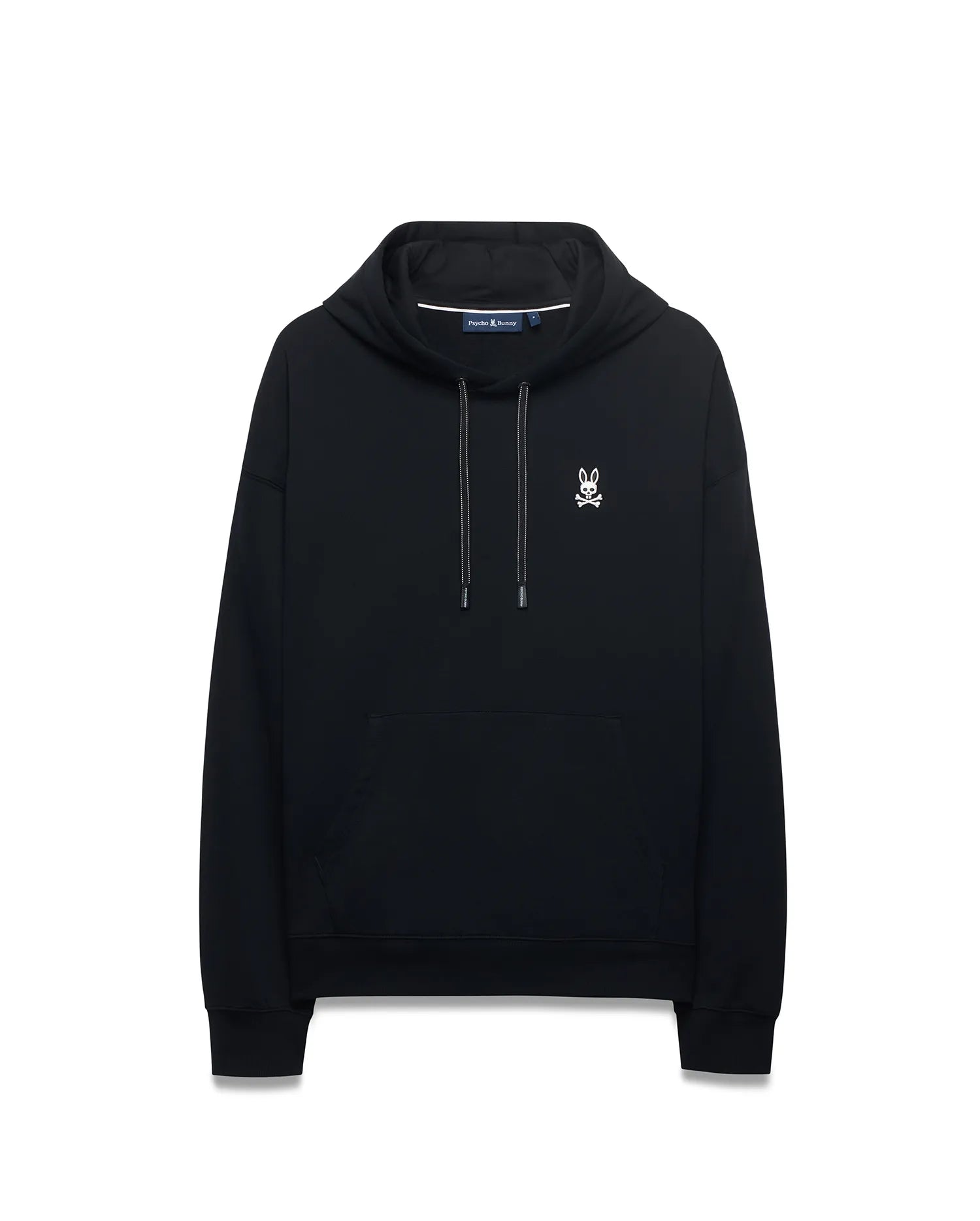 Black Mens Terrence Fleece Hoodie, relaxed fit, with a small white embroidered Psycho Bunny skull logo on the left chest, speckled drawstrings, and a kangaroo pocket.