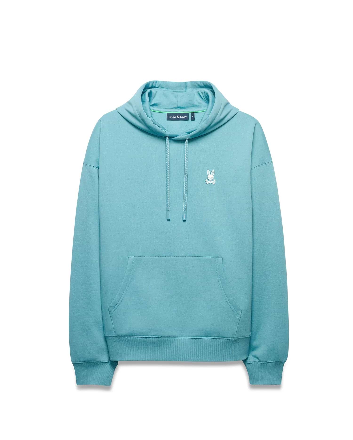 Men's Terrence Fleece Hoodie, an aqua blue relaxed fit hoodie with a smooth fleece texture, featuring a drawstring hood, kangaroo pocket, and a small white embroidered Psycho Bunny skull logo on the left chest. (5)