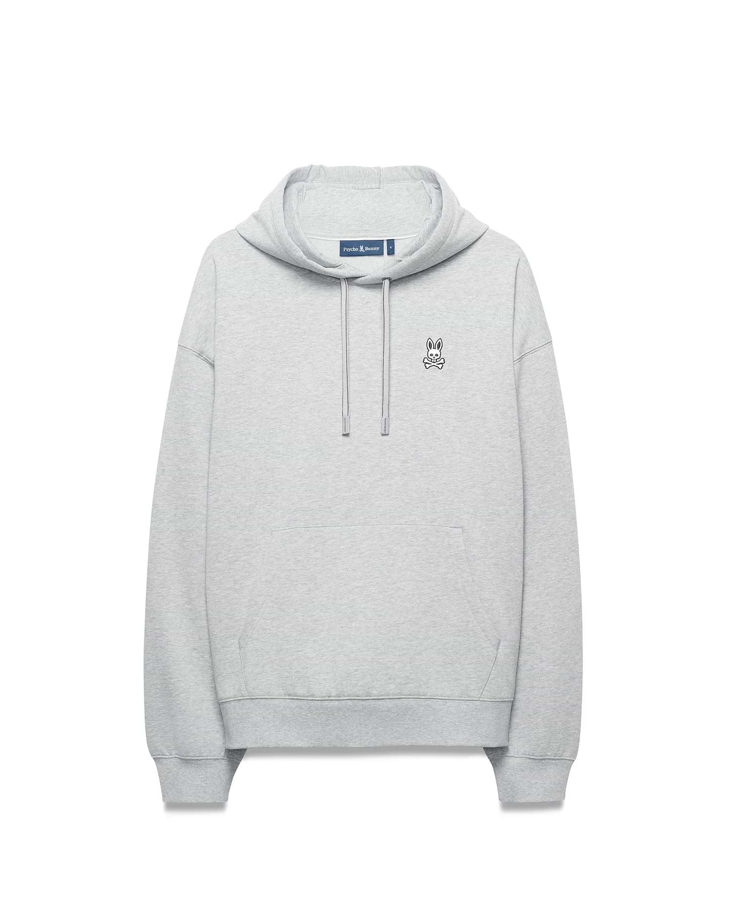 Mens Terrence Fleece Hoodie, light grey heather, relaxed fit, soft fleece with kangaroo pocket, drawstrings, and small embroidered black and white Psycho Bunny skull logo on left chest.