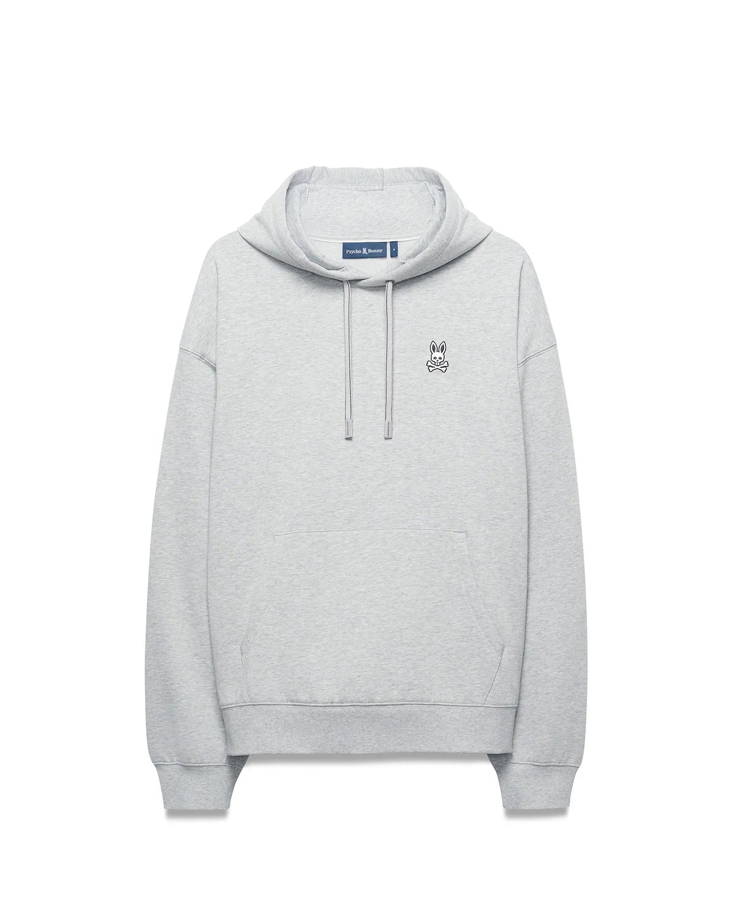 Mens Terrence Fleece Hoodie, light grey heather, relaxed fit, soft fleece with kangaroo pocket, drawstrings, and small embroidered black and white Psycho Bunny skull logo on left chest.