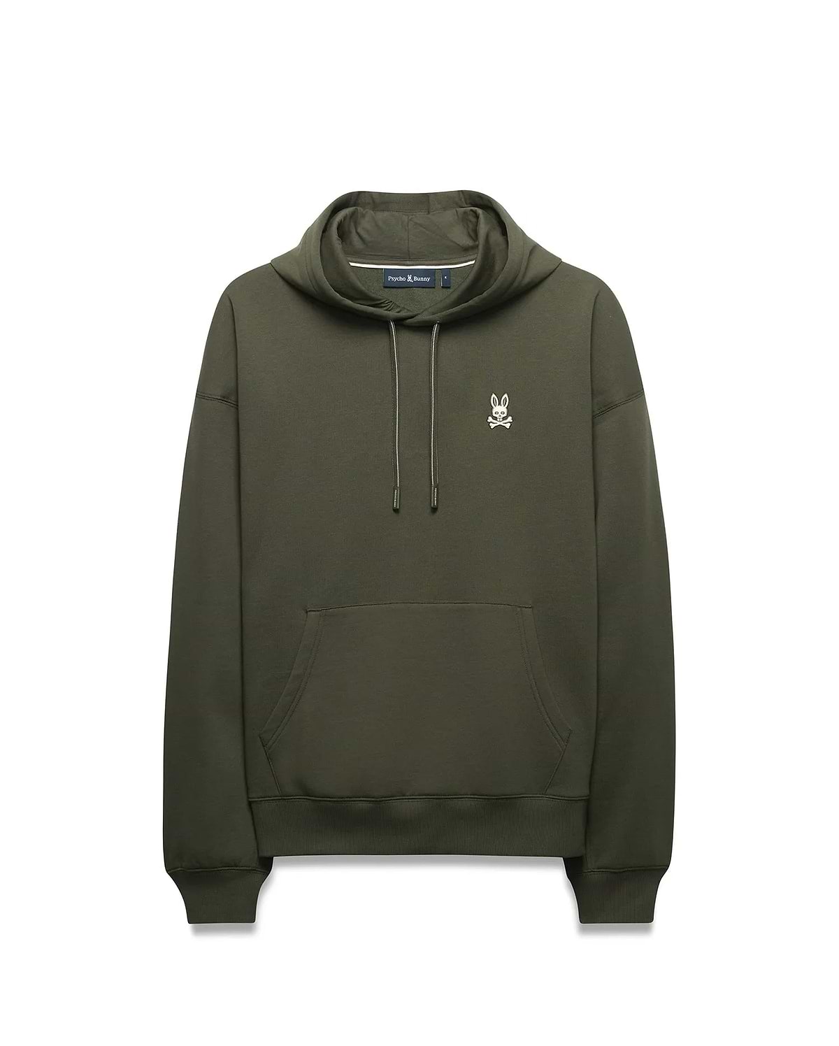 Mens Terrence Brushed Fleece Hoodie, olive green, relaxed fit, featuring a white embroidered Psycho Bunny skull logo on the left chest, a kangaroo pocket, and silver-tipped drawstrings.