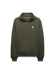 Mens Terrence Brushed Fleece Hoodie, olive green, relaxed fit, featuring a white embroidered Psycho Bunny skull logo on the left chest, a kangaroo pocket, and silver-tipped drawstrings.