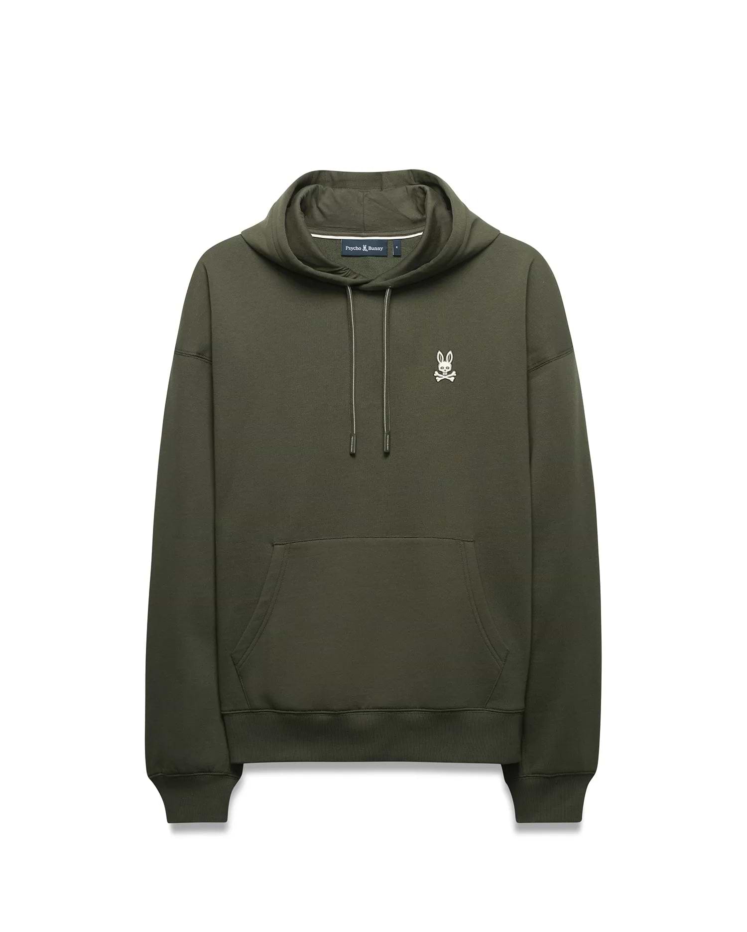 Mens Terrence Brushed Fleece Hoodie, olive green, relaxed fit, featuring a white embroidered Psycho Bunny skull logo on the left chest, a kangaroo pocket, and silver-tipped drawstrings.