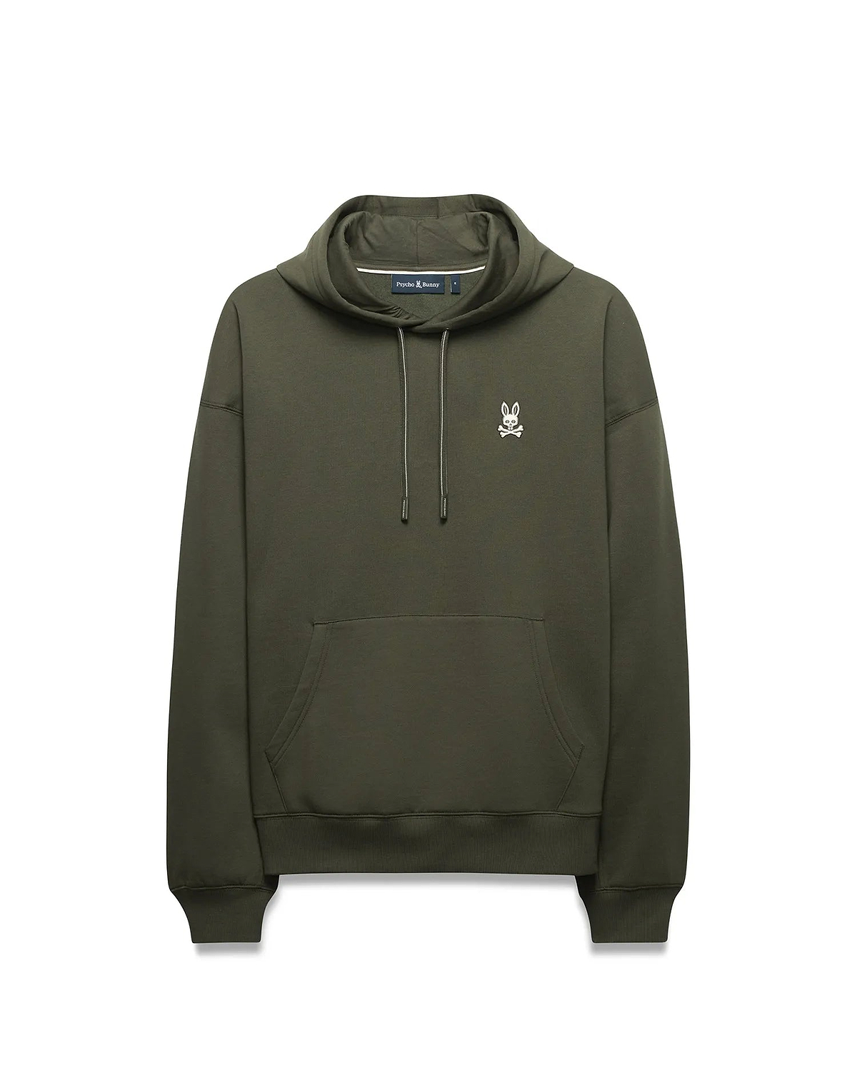 Mens Terrence Brushed Fleece Hoodie, olive green, relaxed fit, featuring a white embroidered Psycho Bunny skull logo on the left chest, a kangaroo pocket, and silver-tipped drawstrings.