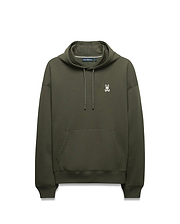 Mens Terrence Brushed Fleece Hoodie, olive green, relaxed fit, featuring a white embroidered Psycho Bunny skull logo on the left chest, a kangaroo pocket, and silver-tipped drawstrings.