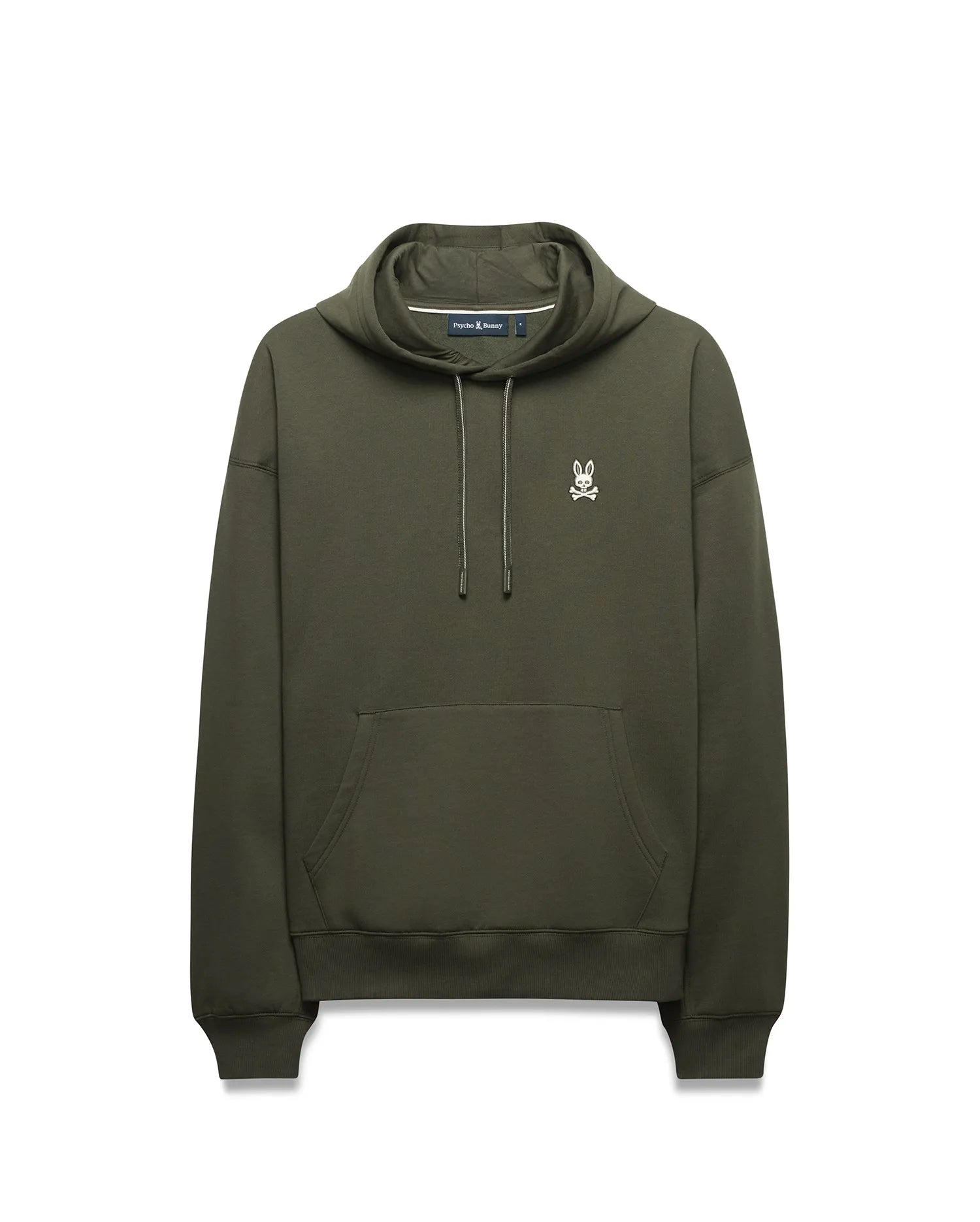 Mens Terrence Brushed Fleece Hoodie, olive green, relaxed fit, featuring a white embroidered Psycho Bunny skull logo on the left chest, a kangaroo pocket, and silver-tipped drawstrings.