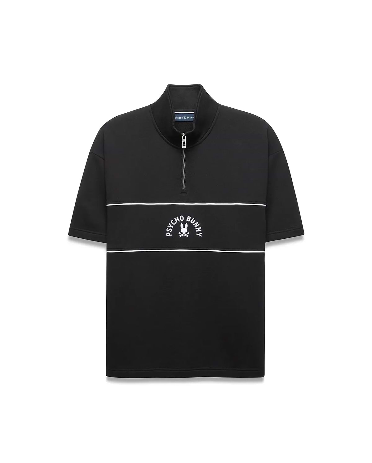 Mens Stevie French Terry Ss 1/4 Zip in black, featuring a relaxed fit, high collar, white 1/4 zip, two white chest stripes, and an embroidered white Psycho Bunny skull logo.