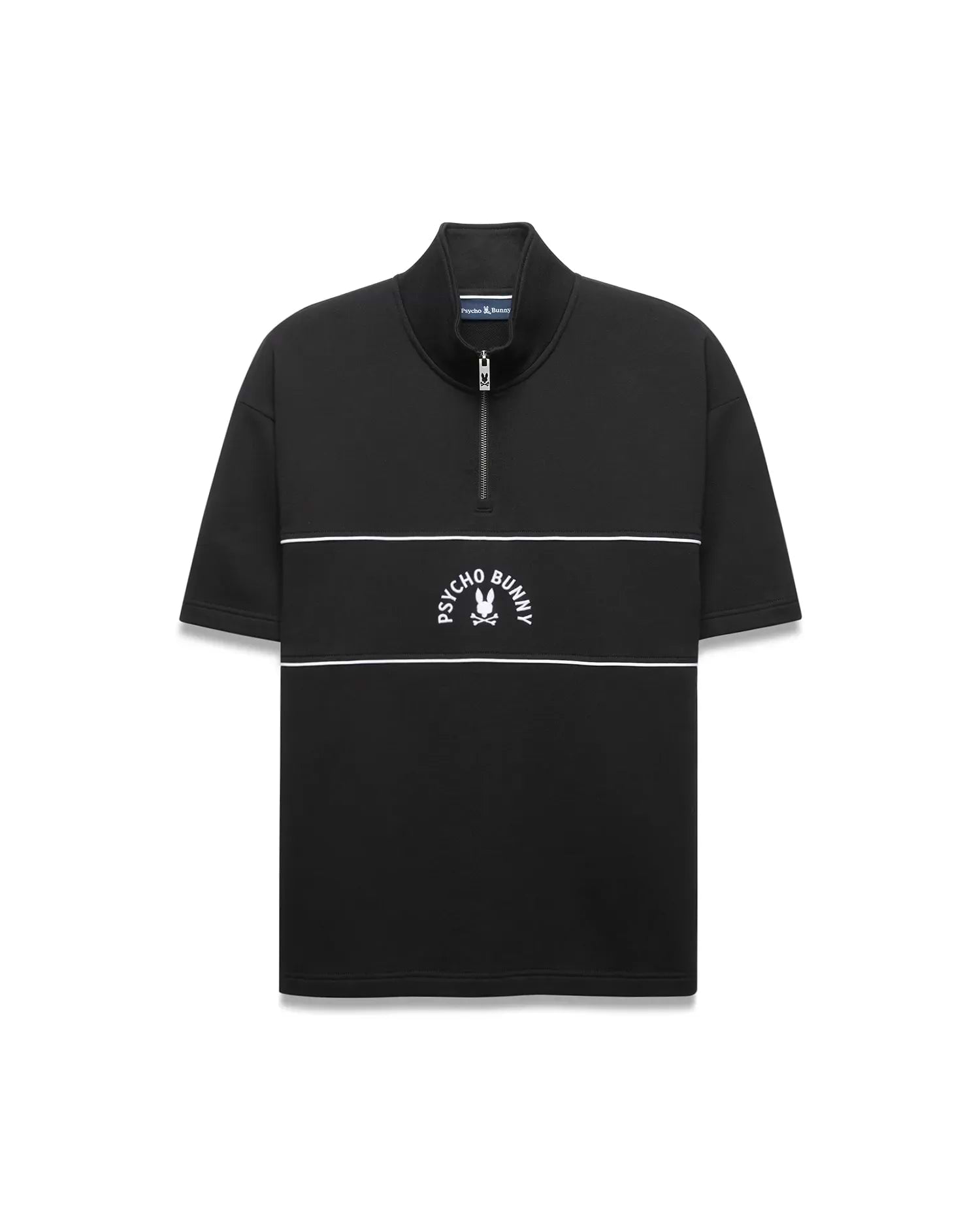 Mens Stevie French Terry Ss 1/4 Zip in black, featuring a relaxed fit, high collar, white 1/4 zip, two white chest stripes, and an embroidered white Psycho Bunny skull logo.