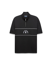 Mens Stevie French Terry Ss 1/4 Zip in black, featuring a relaxed fit, high collar, white 1/4 zip, two white chest stripes, and an embroidered white Psycho Bunny skull logo.