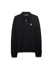 MEN'S SAMSON QUARTER-ZIP SWEATER, black smooth knit with a classic fit, featuring a quarter-zip collar, small white embroidered Psycho Bunny skull logo on the left chest, and green neck tape. (5)