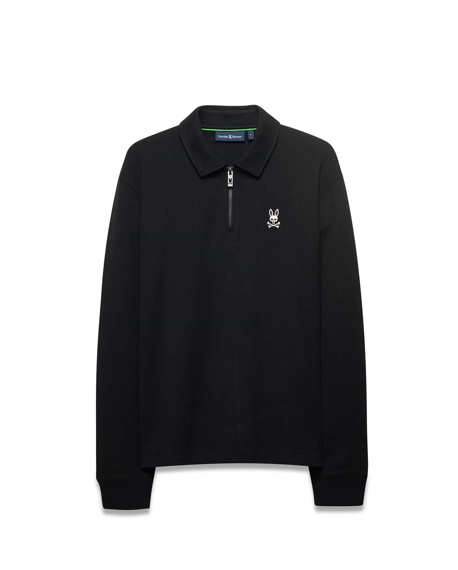 MEN'S SAMSON QUARTER-ZIP SWEATER, black smooth knit with a classic fit, featuring a quarter-zip collar, small white embroidered Psycho Bunny skull logo on the left chest, and green neck tape. (5)
