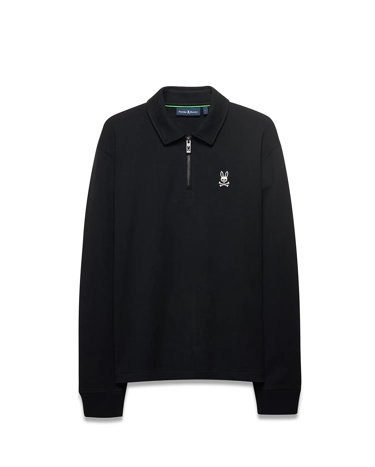 MEN'S SAMSON QUARTER-ZIP SWEATER, black smooth knit with a classic fit, featuring a quarter-zip collar, small white embroidered Psycho Bunny skull logo on the left chest, and green neck tape. (5)
