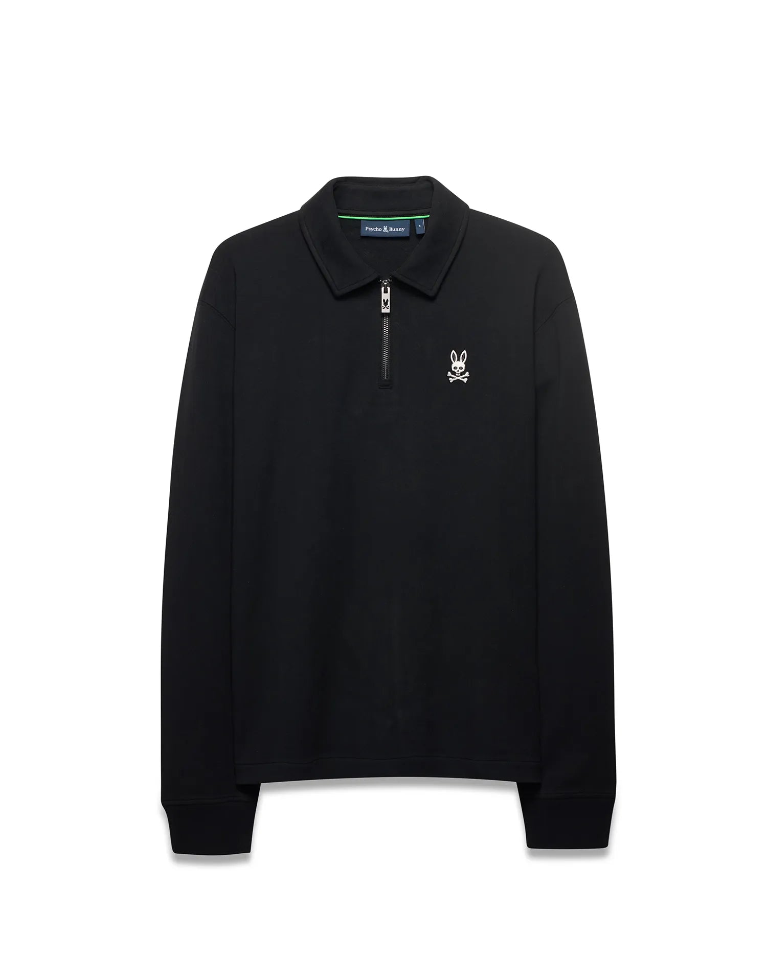 MEN'S SAMSON QUARTER-ZIP SWEATER, black smooth knit with a classic fit, featuring a quarter-zip collar, small white embroidered Psycho Bunny skull logo on the left chest, and green neck tape. (5)