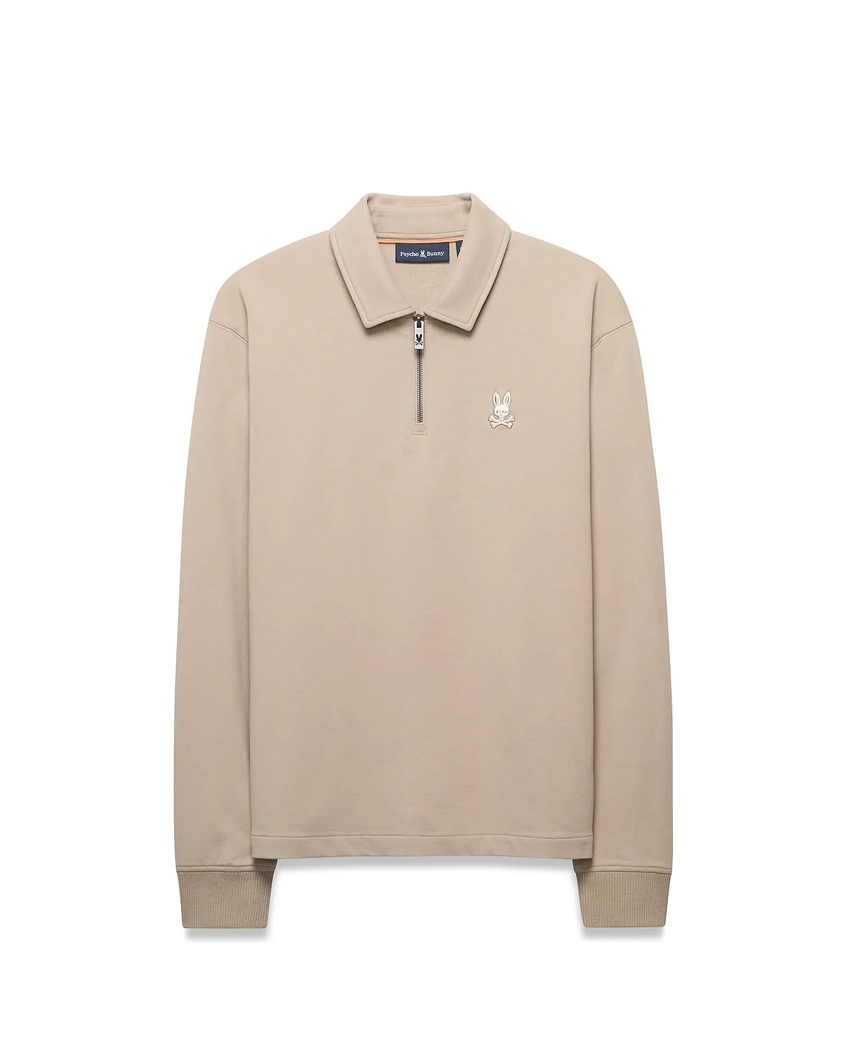 Men's Samson Quarter-Zip Sweater in beige, featuring a classic fit, smooth fabric, quarter-zip collar, ribbed cuffs, and a small embroidered white Psycho Bunny skull logo on the left chest. (5)