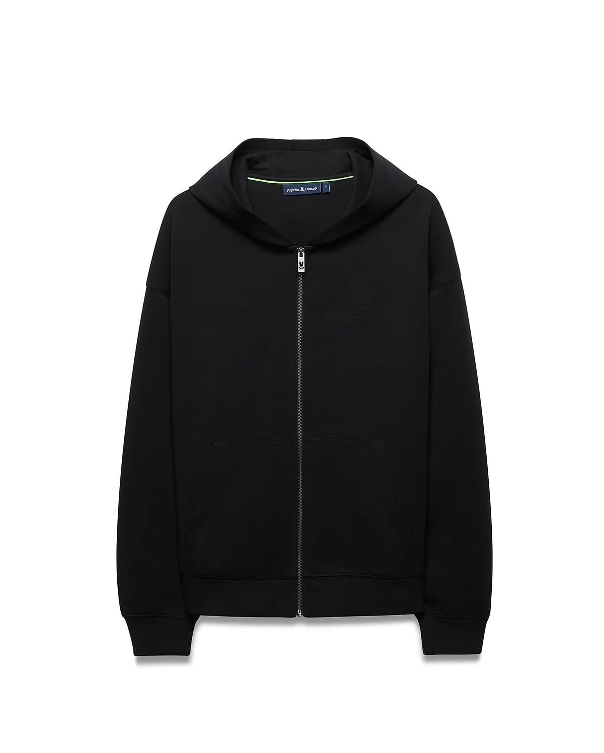 Mens Jonathan Zip Hoodie, black soft cotton, relaxed fit, featuring a tonal embroidered Psycho Bunny skull logo on the left chest, full silver zip with bunny skull pull, and green branded neck tape. (5)