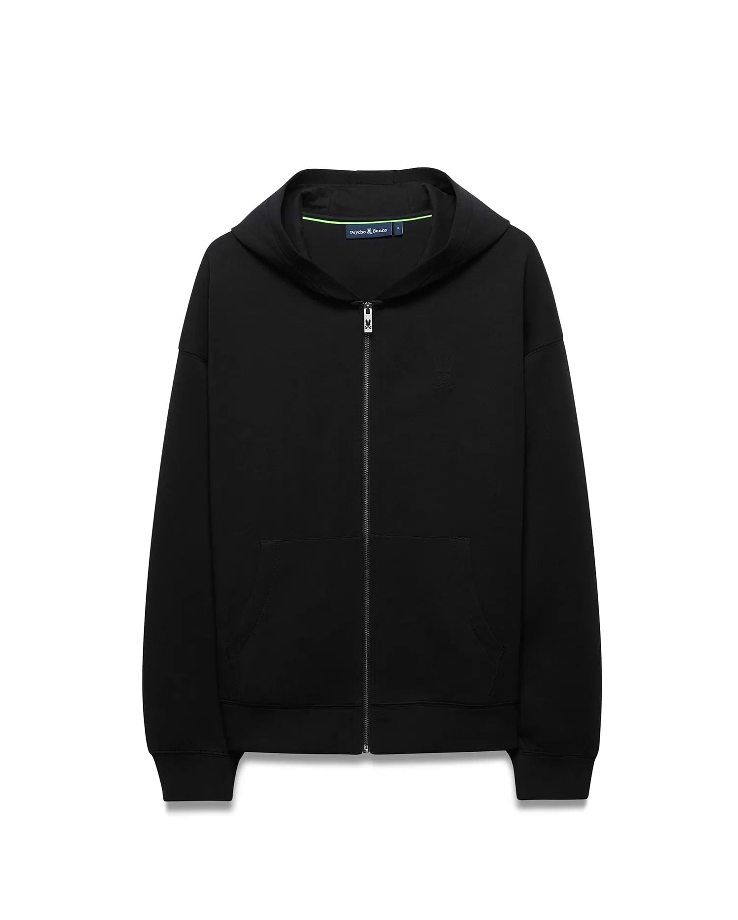 Mens Jonathan Zip Hoodie, black soft cotton, relaxed fit, featuring a tonal embroidered Psycho Bunny skull logo on the left chest, full silver zip with bunny skull pull, and green branded neck tape. (5)