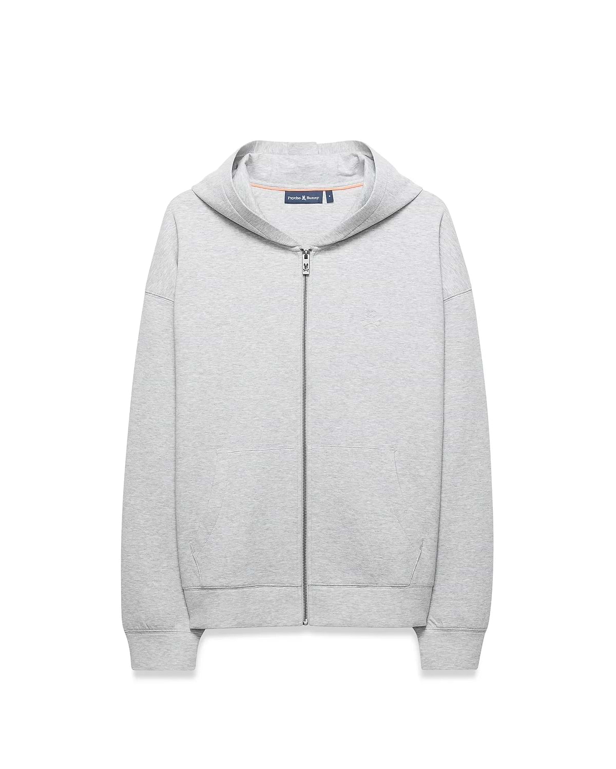 Mens Jonathan Zip Hoodie, a relaxed fit heather grey French terry full-zip hoodie with ribbed cuffs/hem, small embroidered Psycho Bunny logo on left chest, and a subtle tonal bunny skull detail. (5)