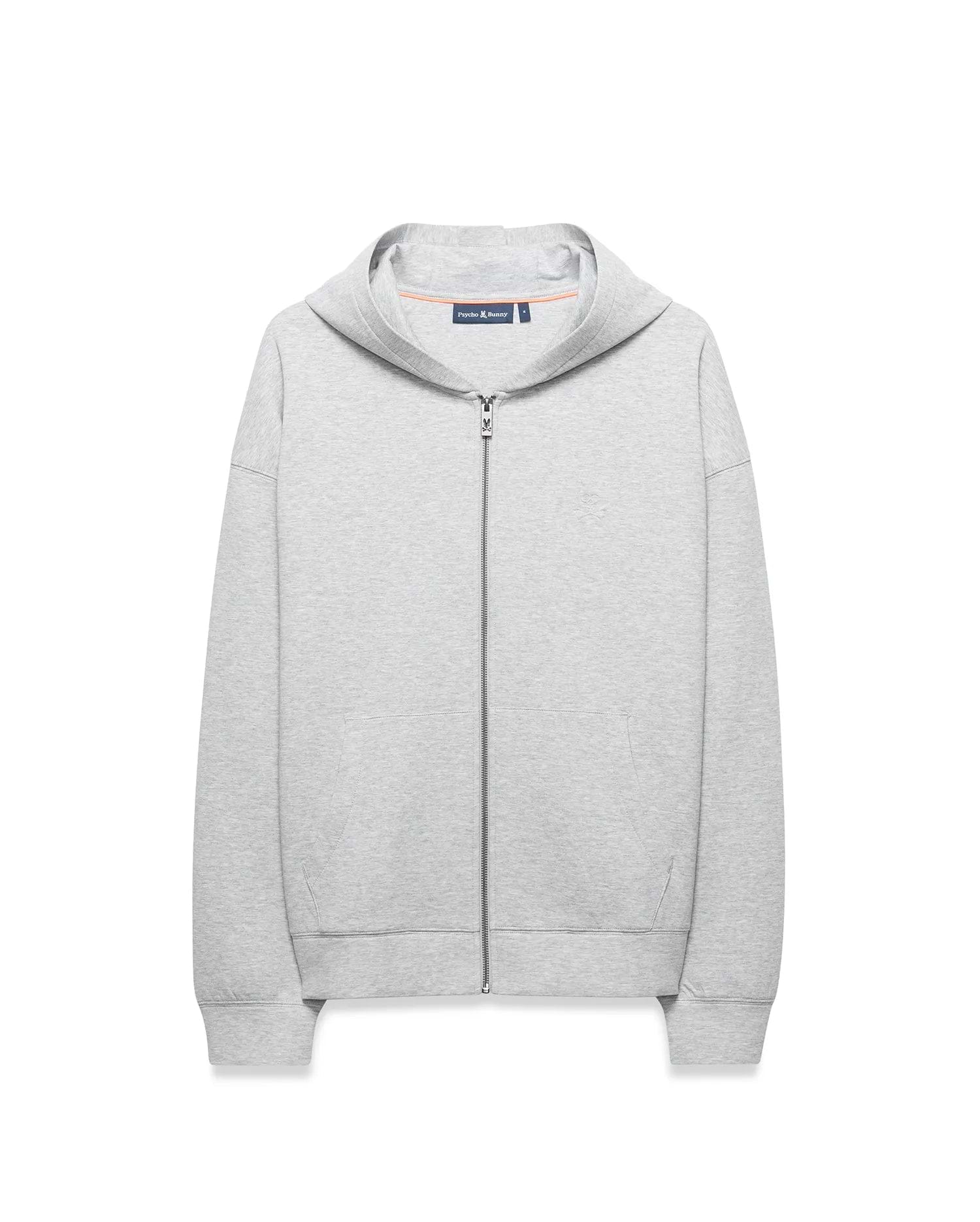 Mens Jonathan Zip Hoodie, a relaxed fit heather grey French terry full-zip hoodie with ribbed cuffs/hem, small embroidered Psycho Bunny logo on left chest, and a subtle tonal bunny skull detail. (5)