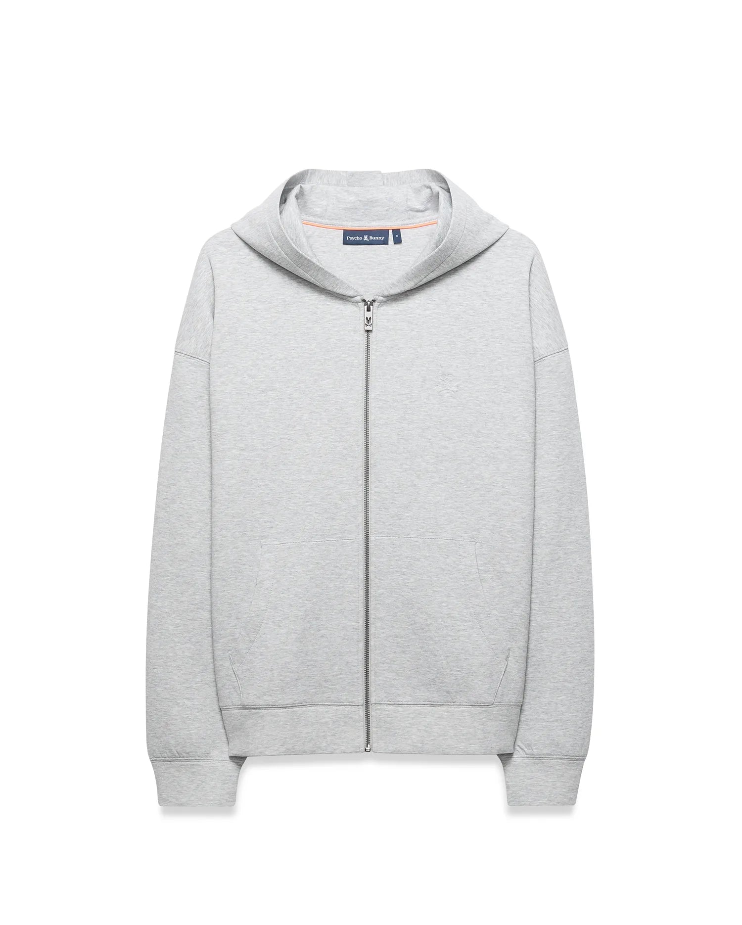 Mens Jonathan Zip Hoodie, a relaxed fit heather grey French terry full-zip hoodie with ribbed cuffs/hem, small embroidered Psycho Bunny logo on left chest, and a subtle tonal bunny skull detail. (5)