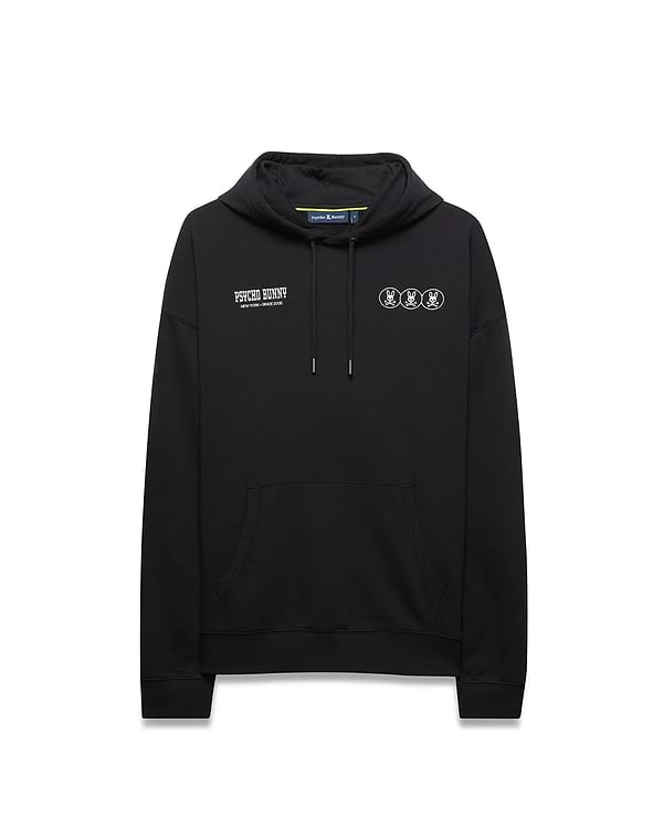 Mens Nathaniel Relaxed Chest Hoodie in black French terry, featuring white Psycho Bunny text and three outlined bunny skull logos on the chest, with a kangaroo pocket. (5)