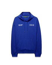 Mens Nathaniel Relaxed Chest Hoodie in royal blue french terry, relaxed fit, with large white Psycho Bunny text on left chest, three small white bunny skull logos on right chest, and a kangaroo pocket. (6)