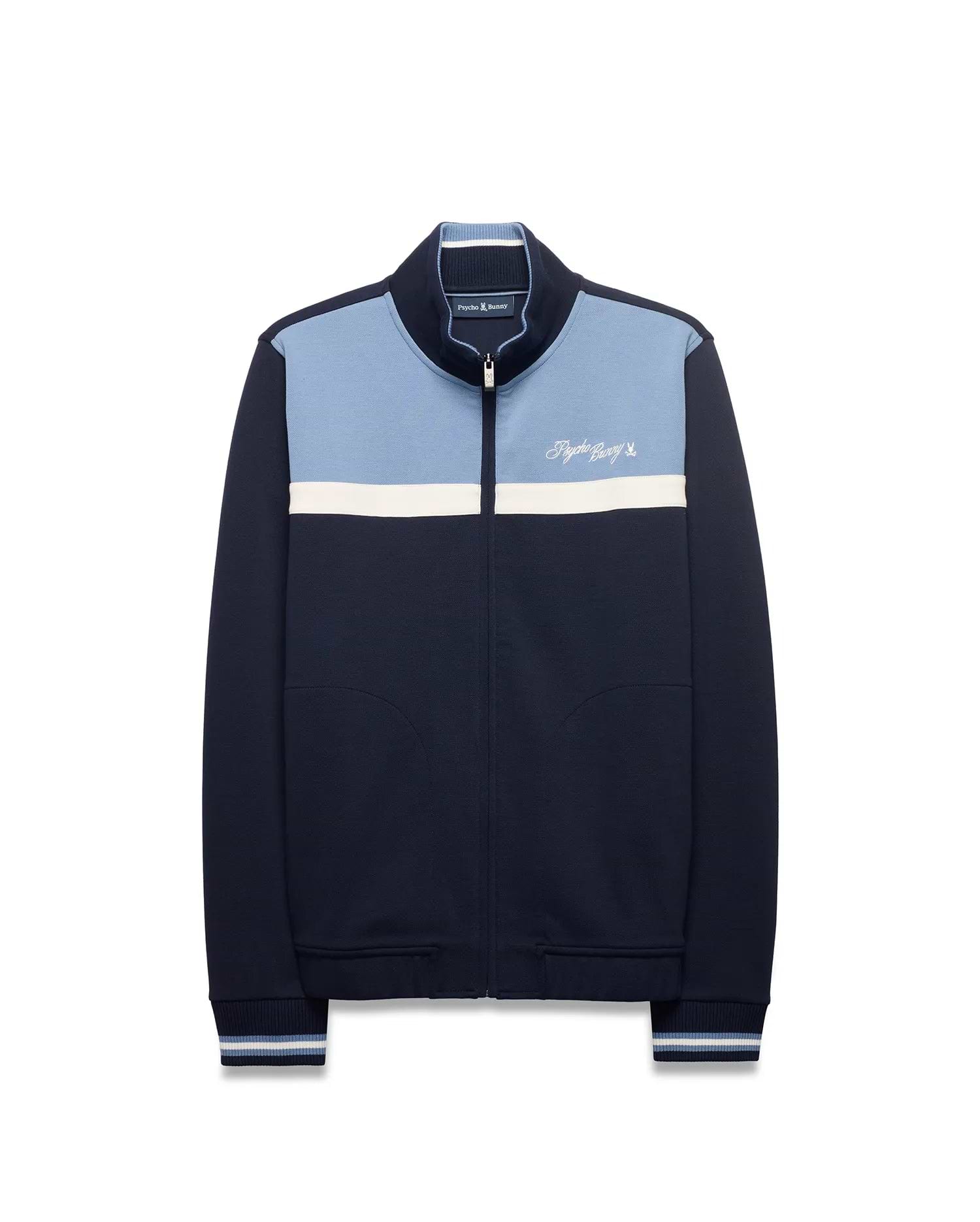 Men's Jacques Pique Track Jacket, navy pique with light blue upper and white stripe. Classic fit, full zip with bunny skull pull, ribbed trim, and embroidered Psycho Bunny script logo on chest. (5)