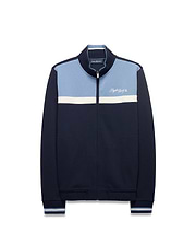 Men's Jacques Pique Track Jacket, navy pique with light blue upper and white stripe. Classic fit, full zip with bunny skull pull, ribbed trim, and embroidered Psycho Bunny script logo on chest. (5)