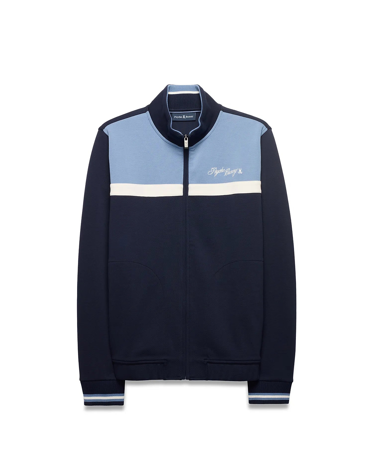 Men's Jacques Pique Track Jacket, navy pique with light blue upper and white stripe. Classic fit, full zip with bunny skull pull, ribbed trim, and embroidered Psycho Bunny script logo on chest. (5)