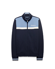 Men's Jacques Pique Track Jacket, navy pique with light blue upper and white stripe. Classic fit, full zip with bunny skull pull, ribbed trim, and embroidered Psycho Bunny script logo on chest. (5)