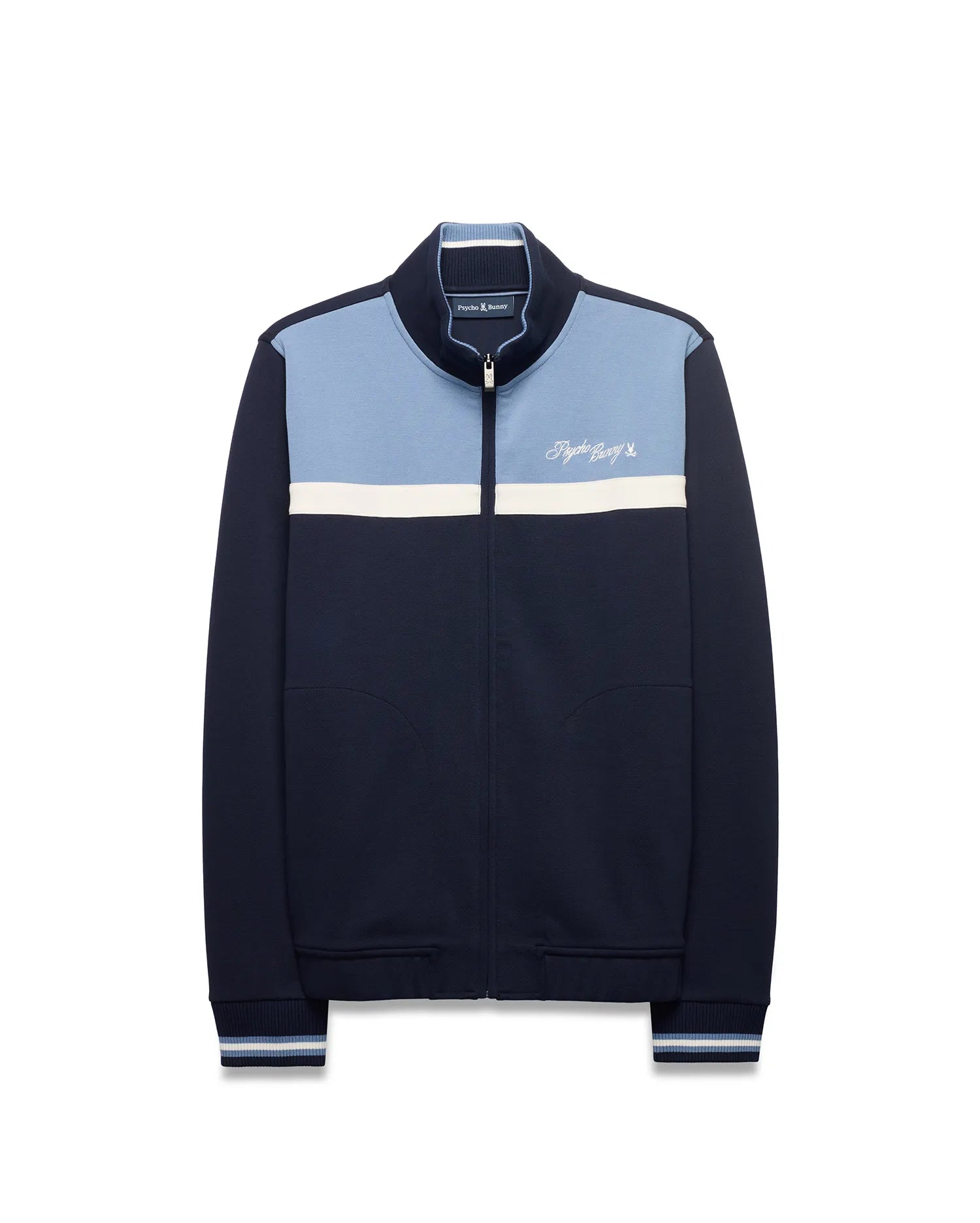 Men's Jacques Pique Track Jacket, navy pique with light blue upper and white stripe. Classic fit, full zip with bunny skull pull, ribbed trim, and embroidered Psycho Bunny script logo on chest. (5)