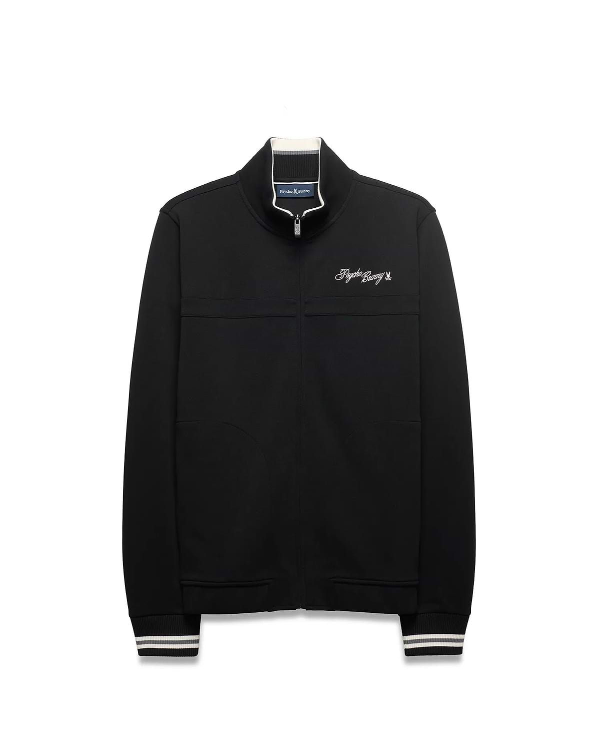 Men's Jacques Pique Track Jacket, black with white and grey striped ribbed collar and cuffs, featuring a white embroidered Psycho Bunny script logo on the left chest and a small skull logo on the back neck. (5)