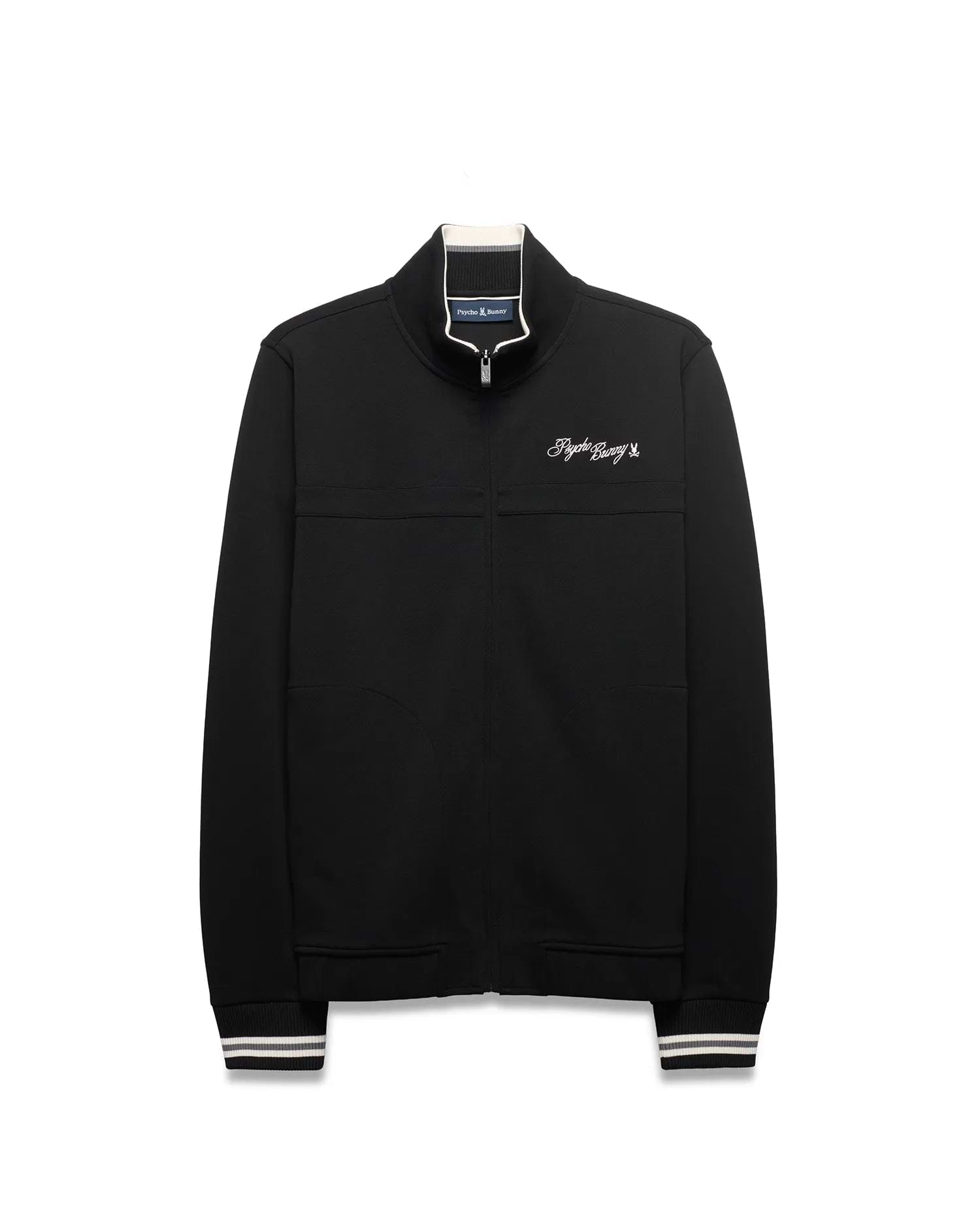Men's Jacques Pique Track Jacket, black with white and grey striped ribbed collar and cuffs, featuring a white embroidered Psycho Bunny script logo on the left chest and a small skull logo on the back neck. (5)