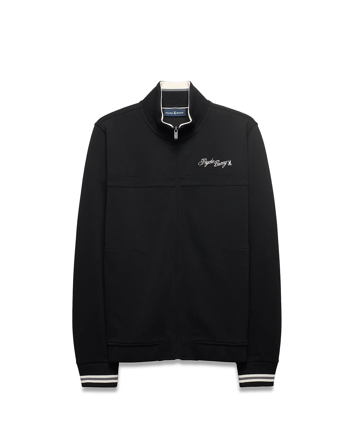 Men's Jacques Pique Track Jacket, black with white and grey striped ribbed collar and cuffs, featuring a white embroidered Psycho Bunny script logo on the left chest and a small skull logo on the back neck. (5)