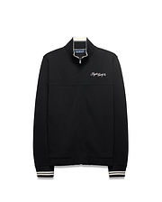 Men's Jacques Pique Track Jacket, black with white and grey striped ribbed collar and cuffs, featuring a white embroidered Psycho Bunny script logo on the left chest and a small skull logo on the back neck. (5)