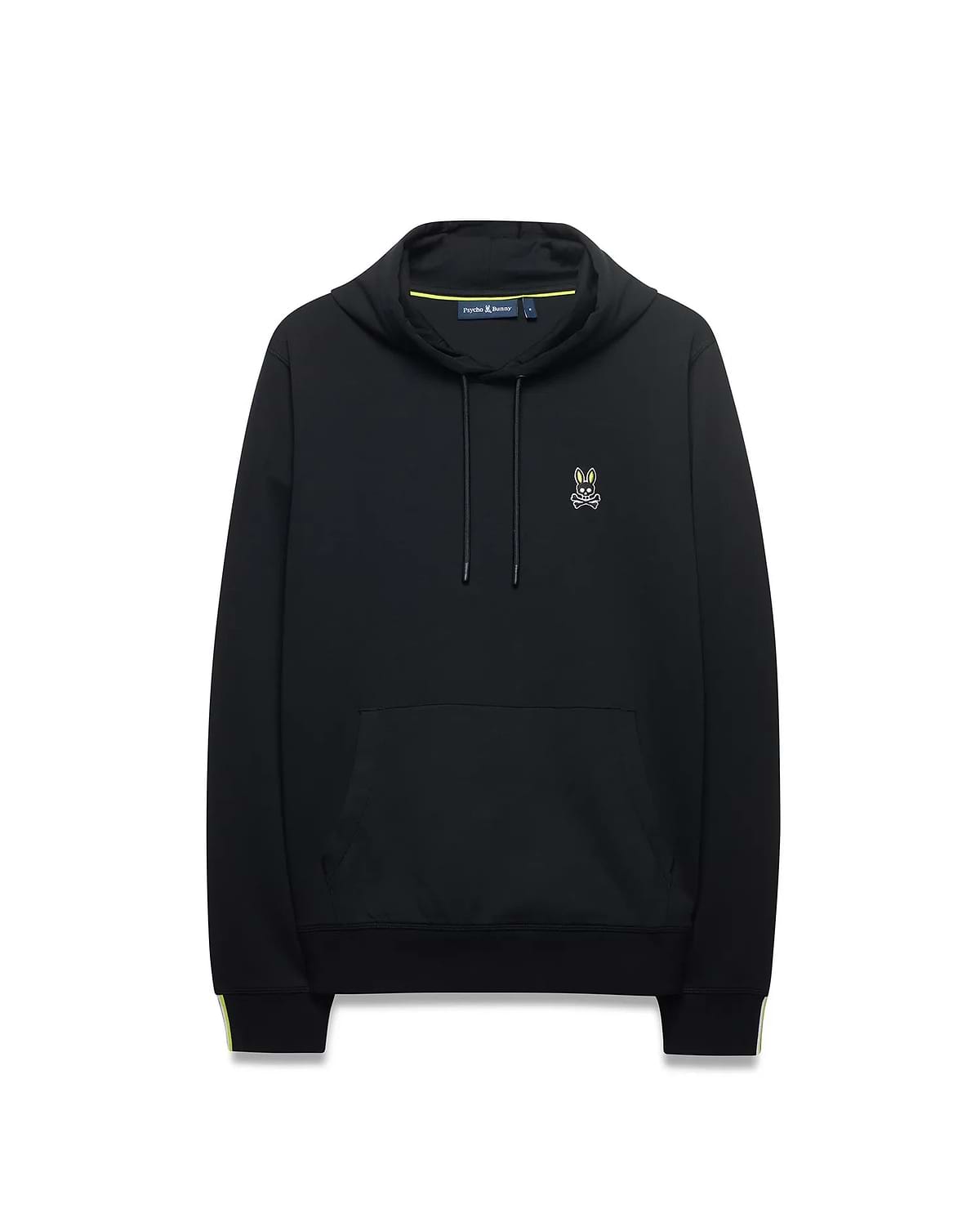Mens Lex Hoodie, black classic fit jersey knit with a small embroidered neon yellow and white Psycho Bunny skull logo on the left chest, drawstring hood, kangaroo pocket, and neon yellow stripe accents on the cuffs and collar lining. (5)
