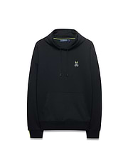 Mens Lex Hoodie, black classic fit jersey knit with a small embroidered neon yellow and white Psycho Bunny skull logo on the left chest, drawstring hood, kangaroo pocket, and neon yellow stripe accents on the cuffs and collar lining. (5)