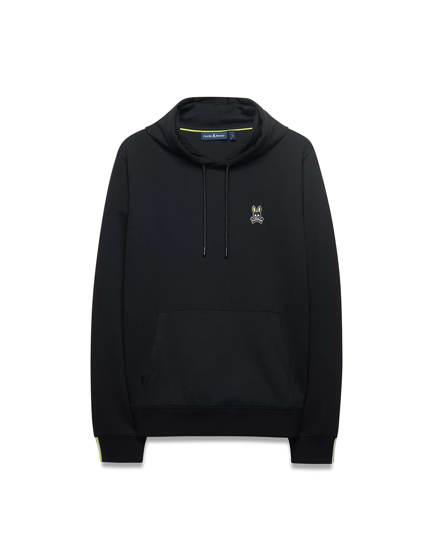Mens Lex Hoodie, black classic fit jersey knit with a small embroidered neon yellow and white Psycho Bunny skull logo on the left chest, drawstring hood, kangaroo pocket, and neon yellow stripe accents on the cuffs and collar lining. (5)